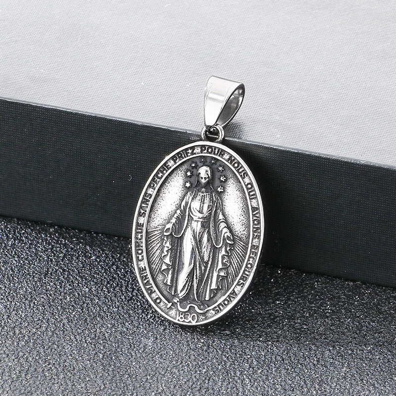 Double Sided Totem Guardian Charm Shield Pendant, Vintage Portrait Cross Sacred Heart Necklace