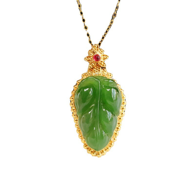 Jewelry Necklace Featuring Jasper Leaf Red Zircon Pendant with Authentic Hetian Jade