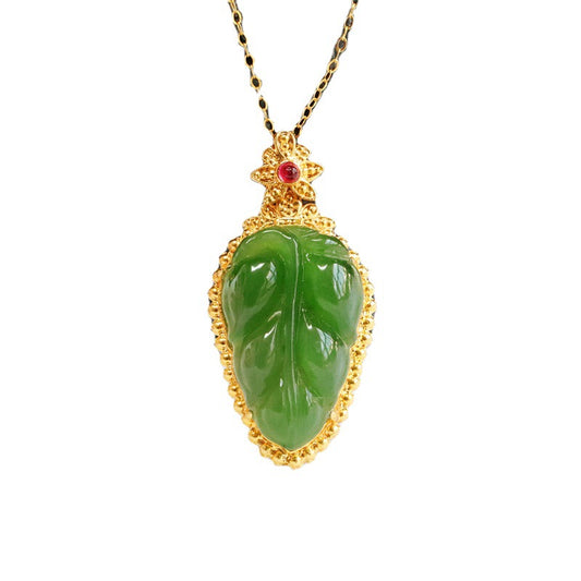 Jewelry Necklace Featuring Jasper Leaf Red Zircon Pendant with Authentic Hetian Jade