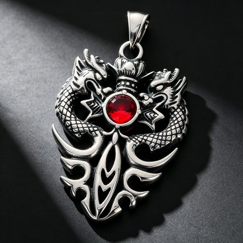 Chinese Style Retro Zodiac Dragon Necklace Stainless Steel Double Dragon Play Bead Pendant
