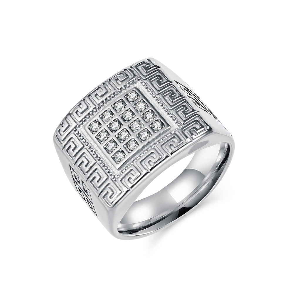 Planderful Mens Titanium Steel Ring 18K Gold Plated Great Wall Pattern With Zircon Hip Hop Trendy Hand Jewelry