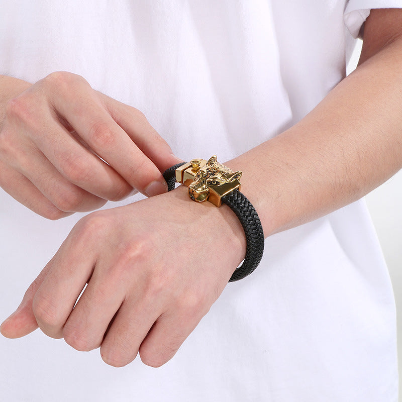 Planderful Wolf Head Leather Bracelet For Men Personalized