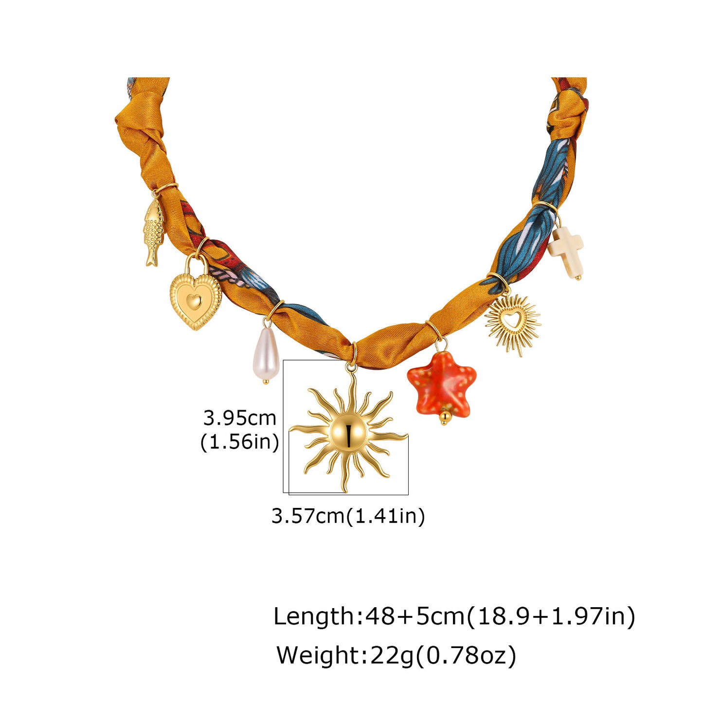 European – American Bohemian Stainless Steel Imitation Pearl Sunflower Printing Silk Necklace