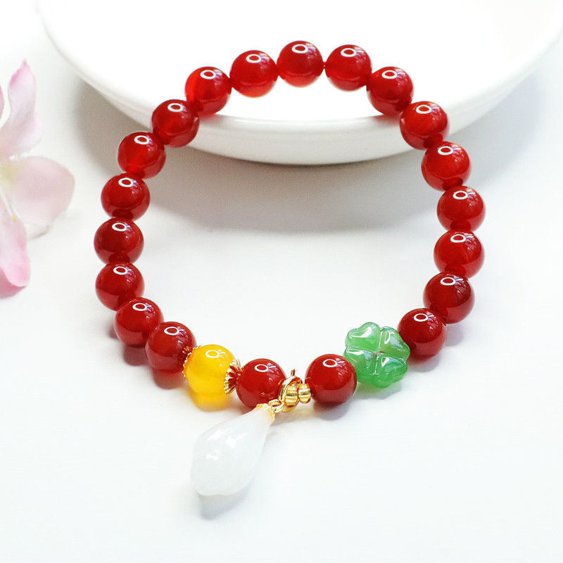 Fortune's Favor Sterling Silver Bracelet with Red Agate, Magnolia Flower Jade, and Chalcedony