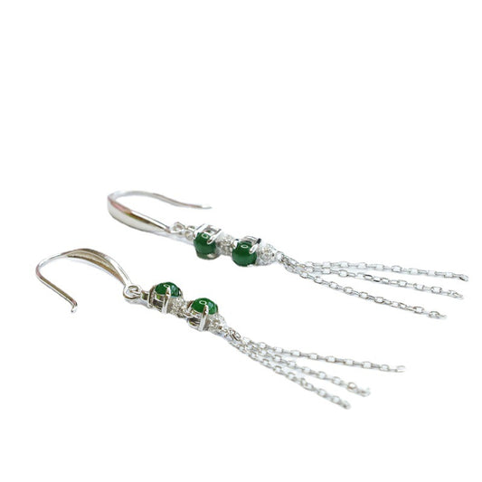 Sterling Silver Double Natural King Green Jade Round Bead Tassel Earrings