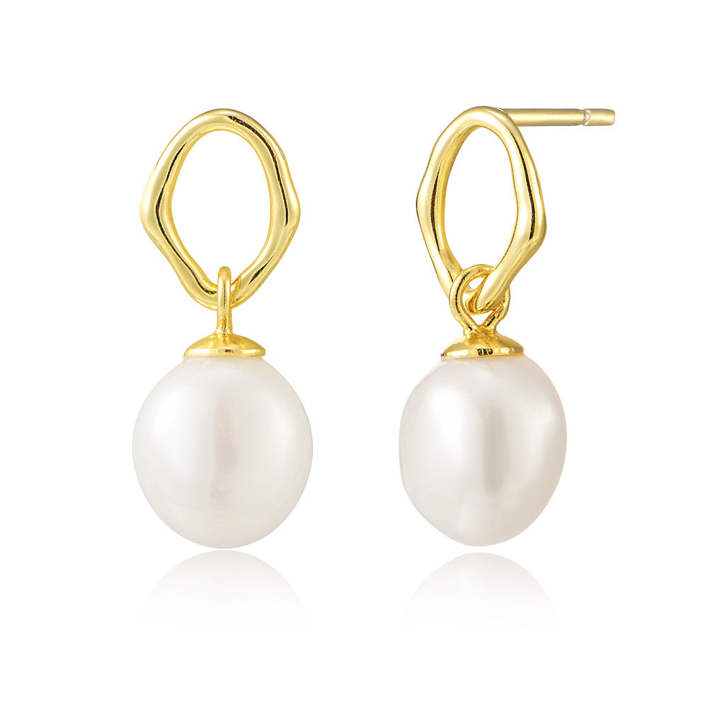 Planderful S925 Sterling Silver Earrings With Geometric Hollow Design And Natural Baroque Pearl Pendant For Women