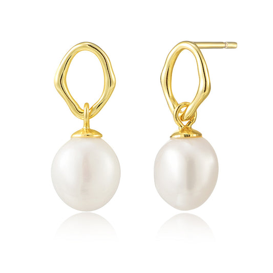 Planderful S925 Sterling Silver Earrings With Geometric Hollow Design And Natural Baroque Pearl Pendant For Women
