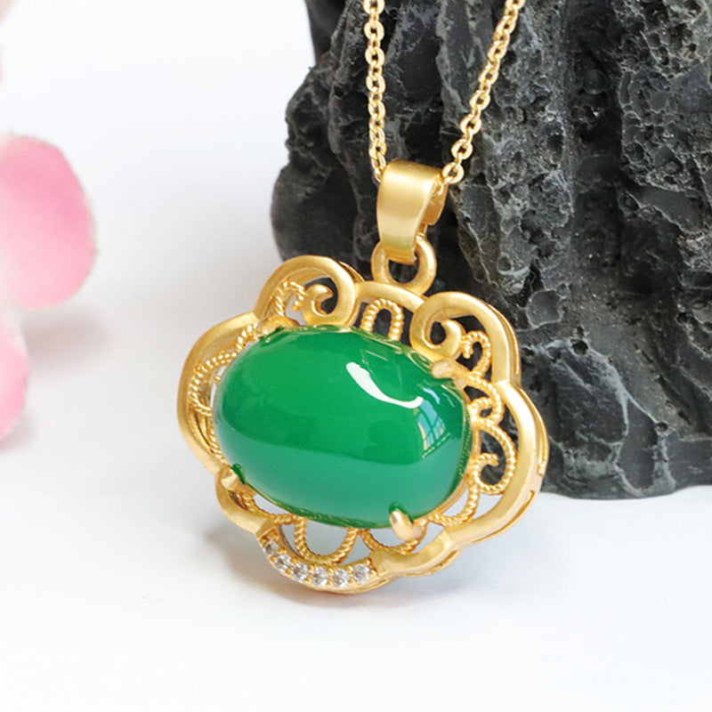 Ethnic Style Jewelry Oval Emperor Green Chalcedony Hollow Ruyi Pendant Necklace