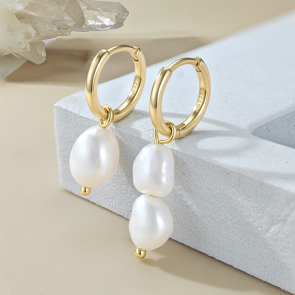 S925 Sterling Silver Natural Freshwater Baroque Pearl Asymmetrical Earrings Versatile Earrings Jewelry
