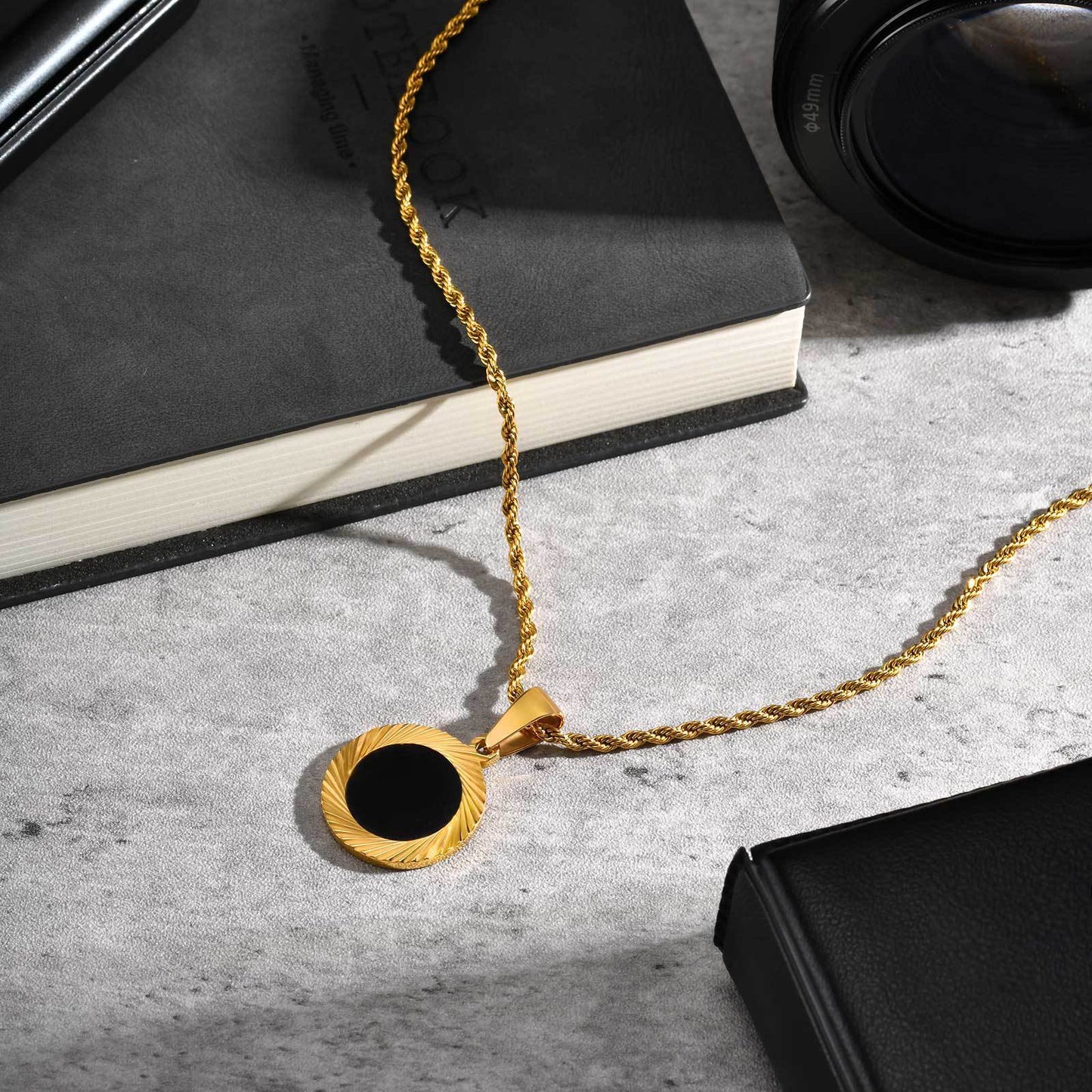 Unisex Stainless Steel Batch Flower Black Acrylic Pendant Necklace