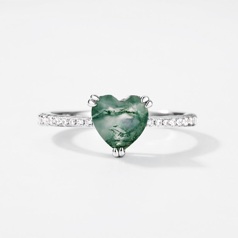 S925 Sterling Silver Moss Agate Heart Prong-Set Ring