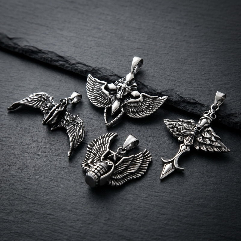Fallen Angel Pendant Punk Goth Skull Wings Cross Sword Wings Stainless Steel Men's Necklace