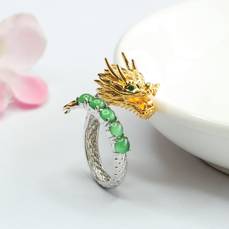 Golden Zodiac Dragon Ring with Natural Green Jade Insets