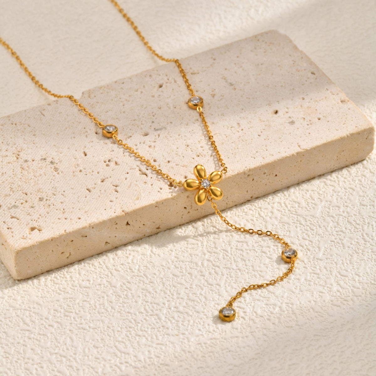Stainless Steel Long Fringed Chain Necklace White Zircon Flower Y-Shaped Necklace