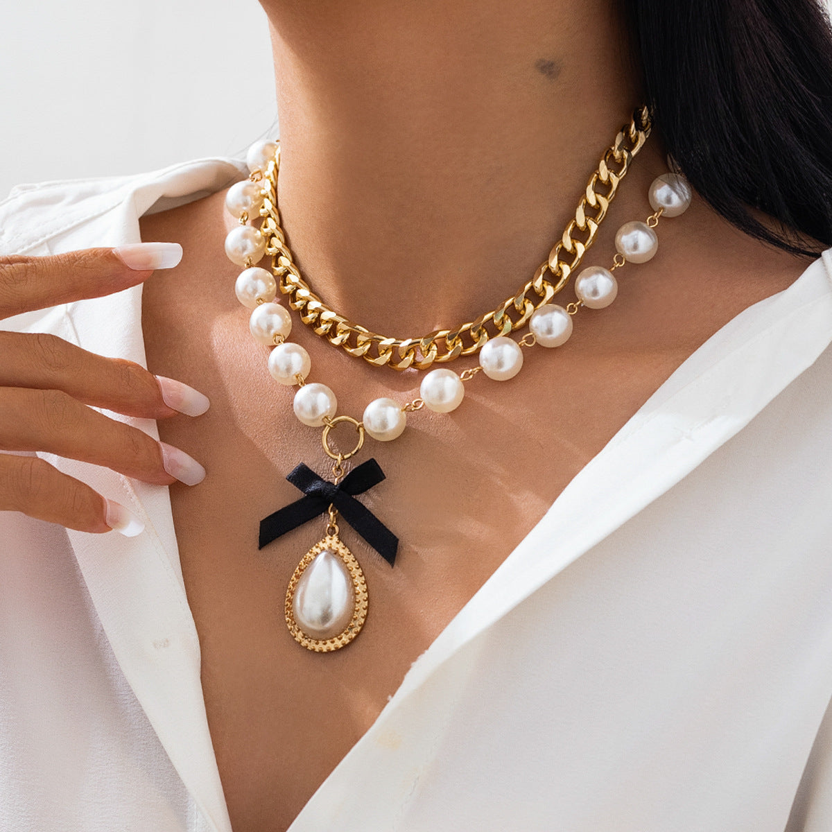 Pearl Bead Bow & Teardrop Layered Necklace