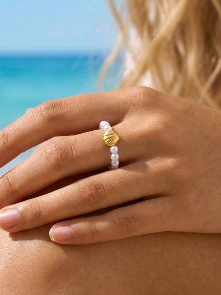 Stainless Steel Starfish Shell Imitation Pearl Summer Seaside Vacation Wind Ring