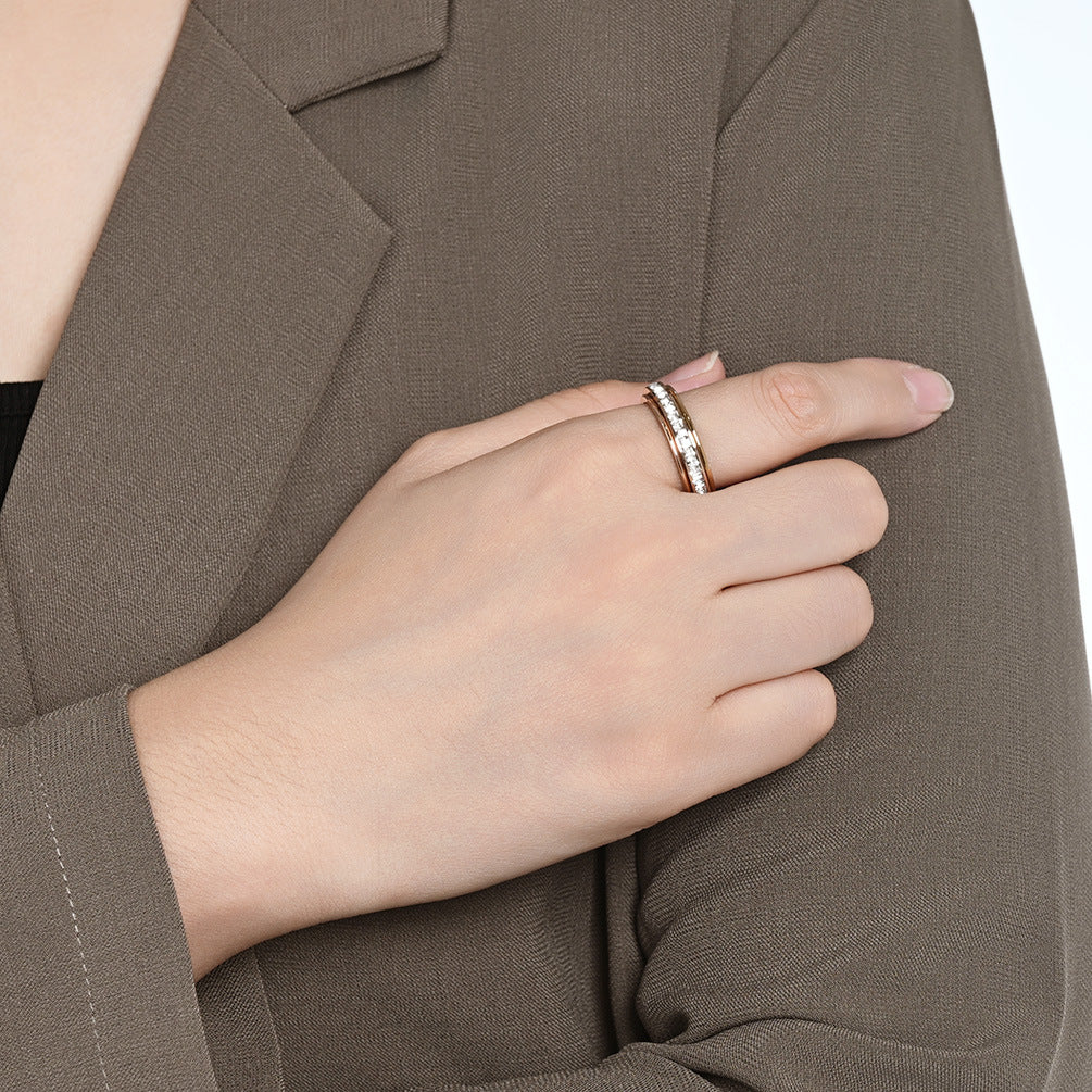Rotatable Square Full Zircon Stainless Steel Ring Women's 18k Gold Stress-Relief