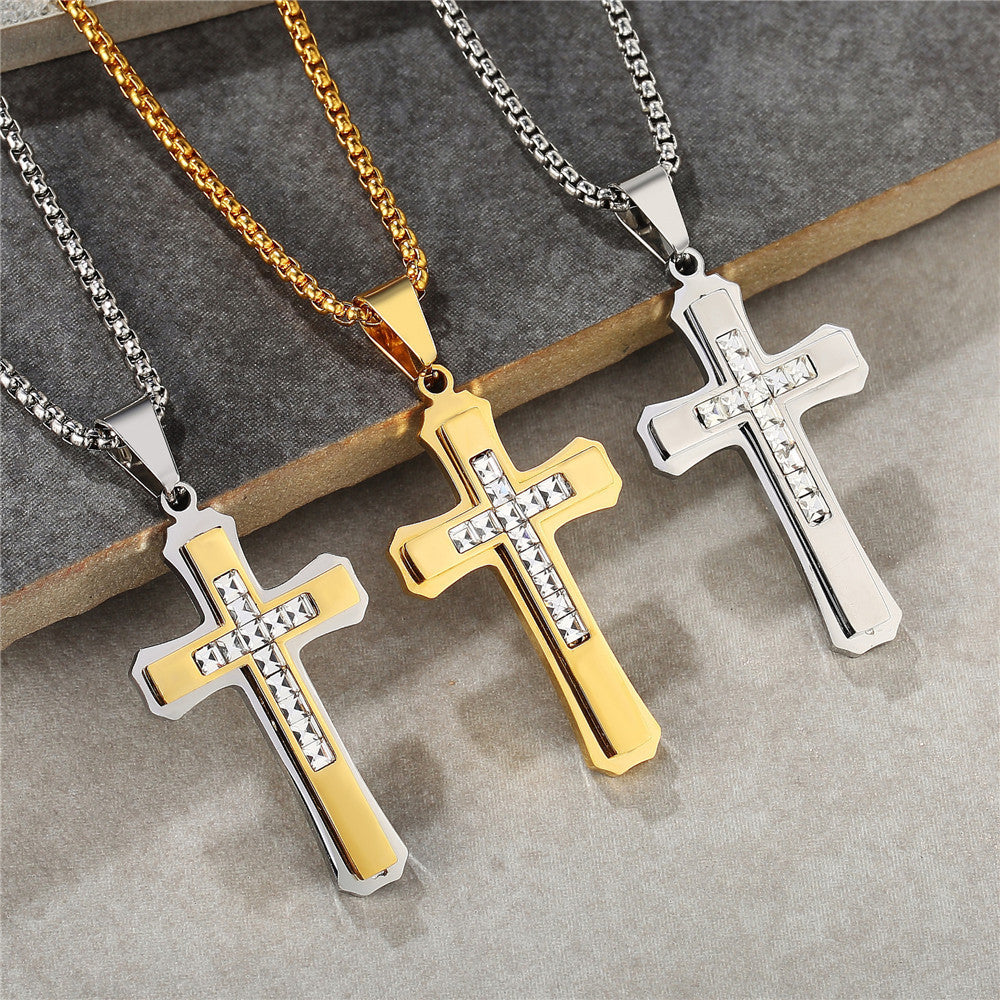 Planderful Titanium Steel Cross Pendant Necklace For Men, Double Layer 3D Punk Style