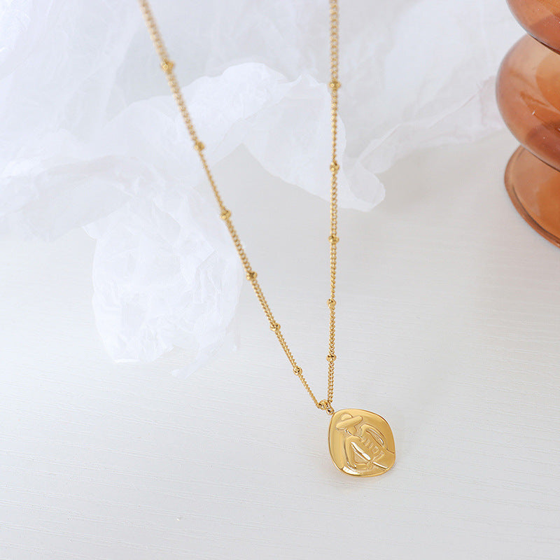 Golden Embossed Portrait Pendant Necklace - Stylish Titanium Steel Chain