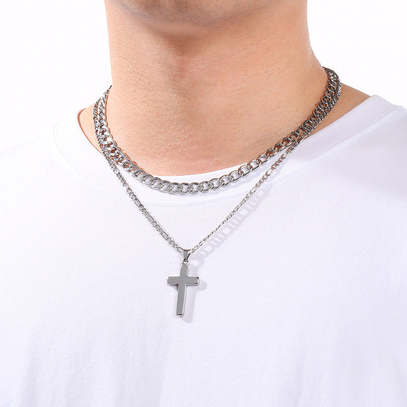 Retro Lettering Cross Necklace, And Nk Chain Double-Layer Stacked Stainless Steel Men's Necklace