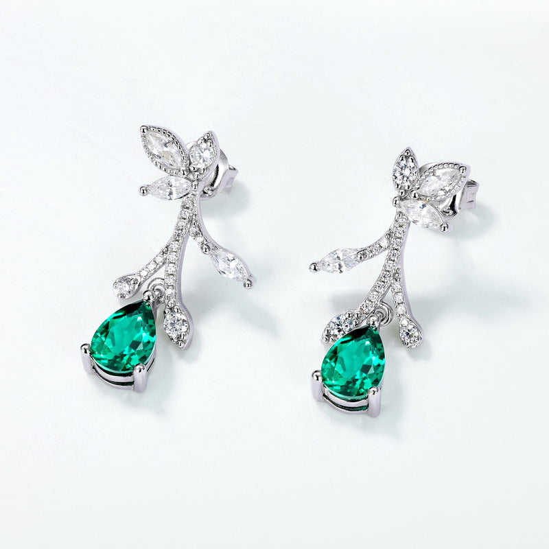 S925 Sterling Silver Lab-Grown Emerald Flower Stud Earrings