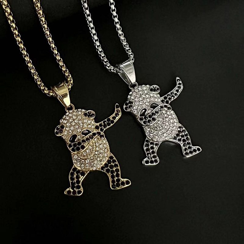 Steel Necklace - Statement Panda Pendant Necklace With Rhinestones West Coast Hip Hop Inspired