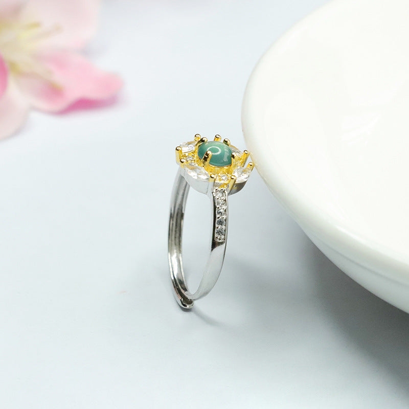 Jade and Zircon Sterling Silver Flower Ring with Ice Blue Green Jade