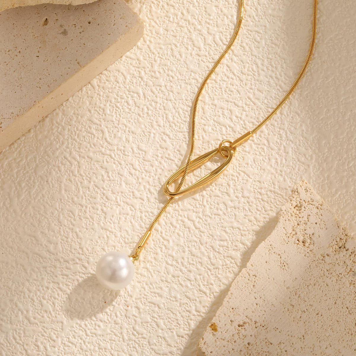 Stylish Stainless Steel Round Snake Chain Hollow Geometric Imitation Pearl Y-Shaped Necklace