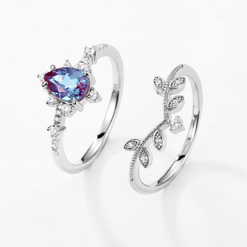 Planderful Jewelry Alexandrite Ring in Sterling Silver V Shape Zircon Leaf Design