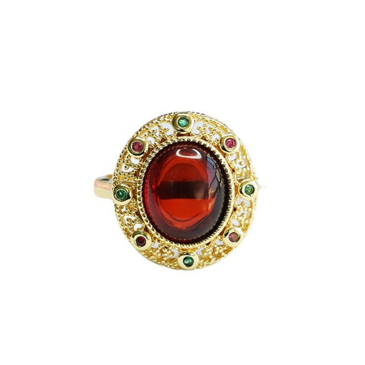 Vintage Ethnic Natural Oval Amber Hollow Ring Jewelry with Zircon Accent