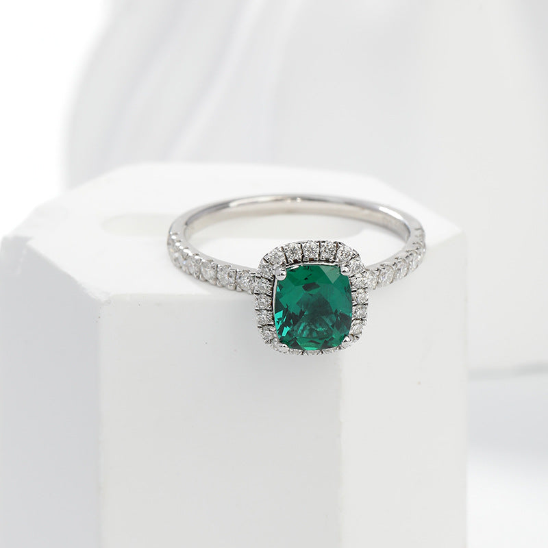 S925 Silver Ring 1.5 Carat Cushion Cut Lab Grown Emerald Halo