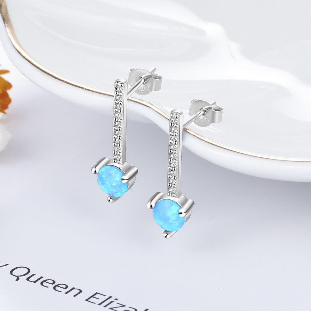 Planderful Jewelry Sterling Silver Opal Stud Earrings Blue Round Opal with Long Zircon Accent