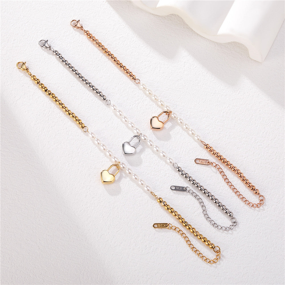 Planderful Beaded Pearl Bracelet Minimalist Peach Heart Durable Titanium Steel For Women And Men Fashionable Statement