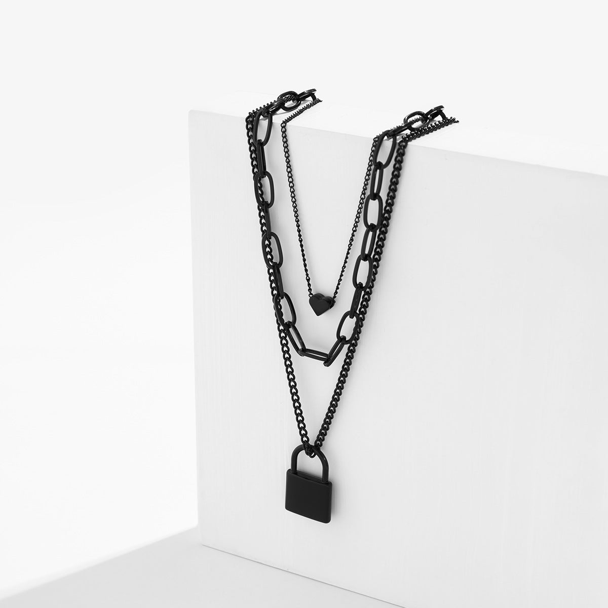 Punk Cross Heart Lock Layered Necklace
