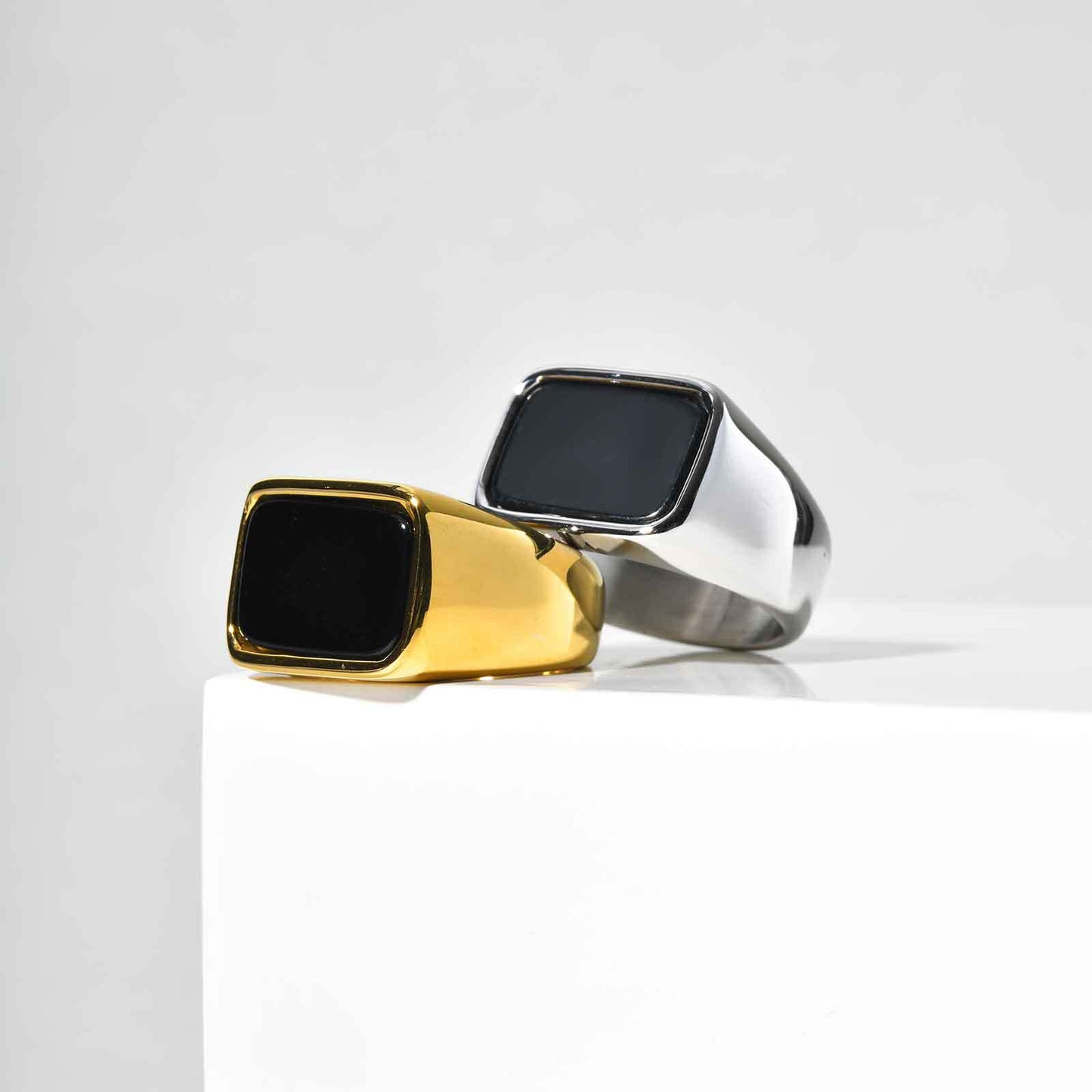 Stainless Steel Geometric Square Black Glass Stone Ring Mens