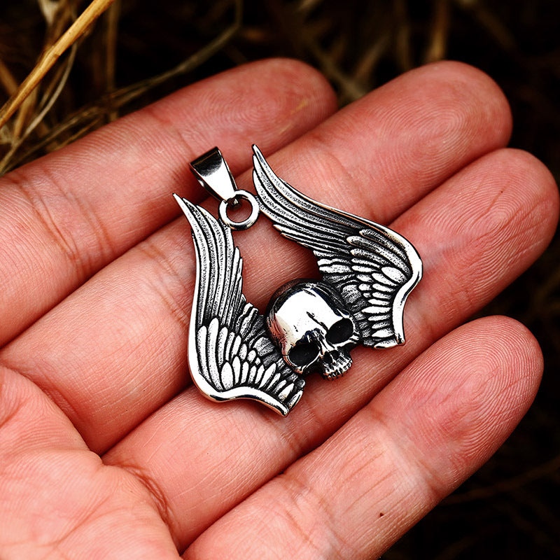 Titanium Steel Retro Skull Pendant with Wings - European American Men's Jewelry