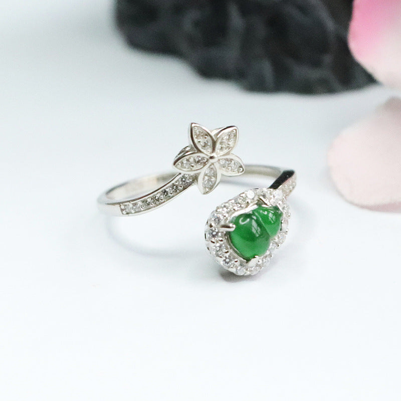 Sterling Silver Adjustable Ice Green Jadeite Gourd Ring with Zircon Flower