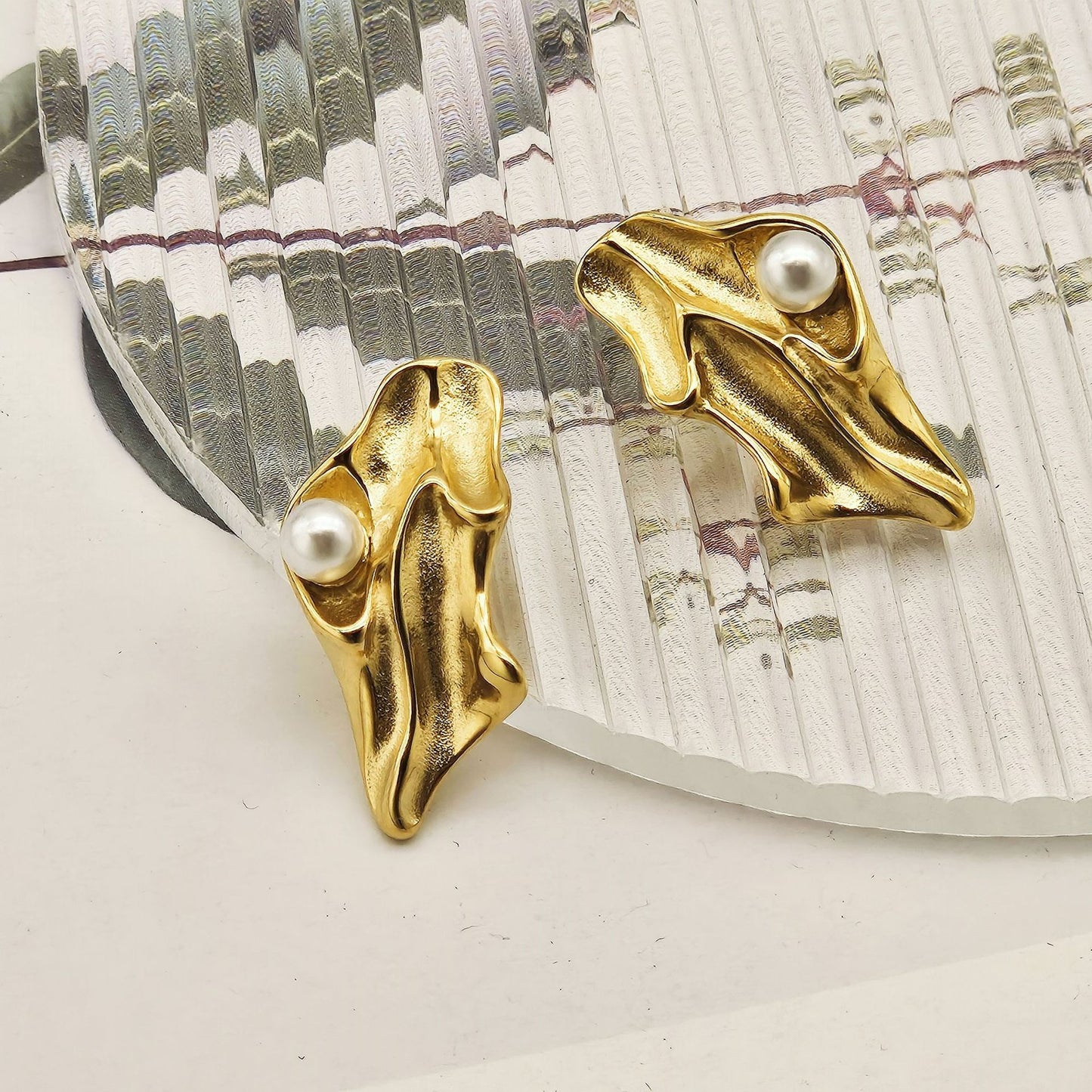 Planderful Gold Plated Pleated Lava Pearl Earrings Women