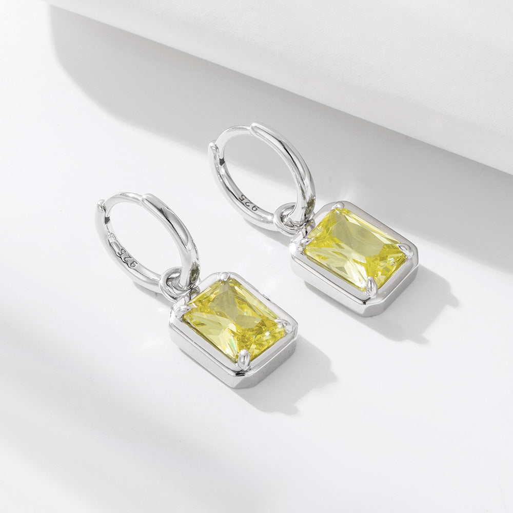 Zircon Inlaid Square Pendant Earrings Sterling Silver Earclips Fringed Earrings