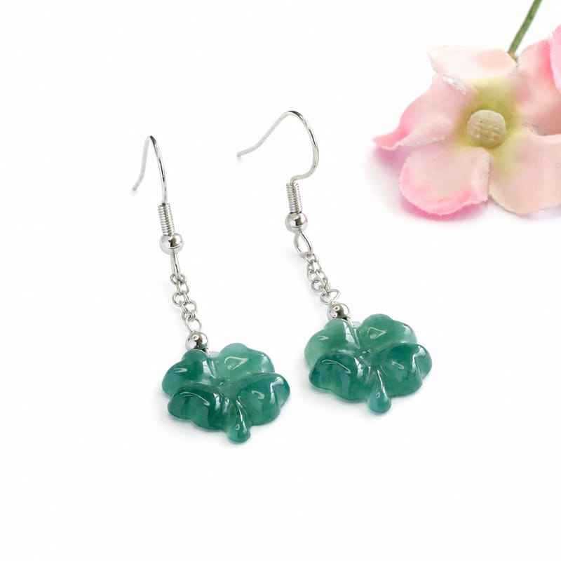 Jadeite Clover 925 Silver Hook Earrings