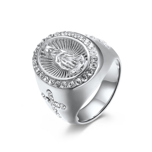Planderful Virgin Mary Cross Zircon Ring Stainless Steel Gold Plated For Women Elegant Jewelry