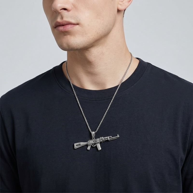 Hip Hop Street Hardcore Military Wind Submachine Gun Shape Pendant Punk Gi Stainless Necklace