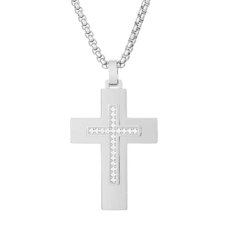 Popular, Cnc Zircon Double-Layer Cross Square Pearl Men's Stainless Steel Necklace