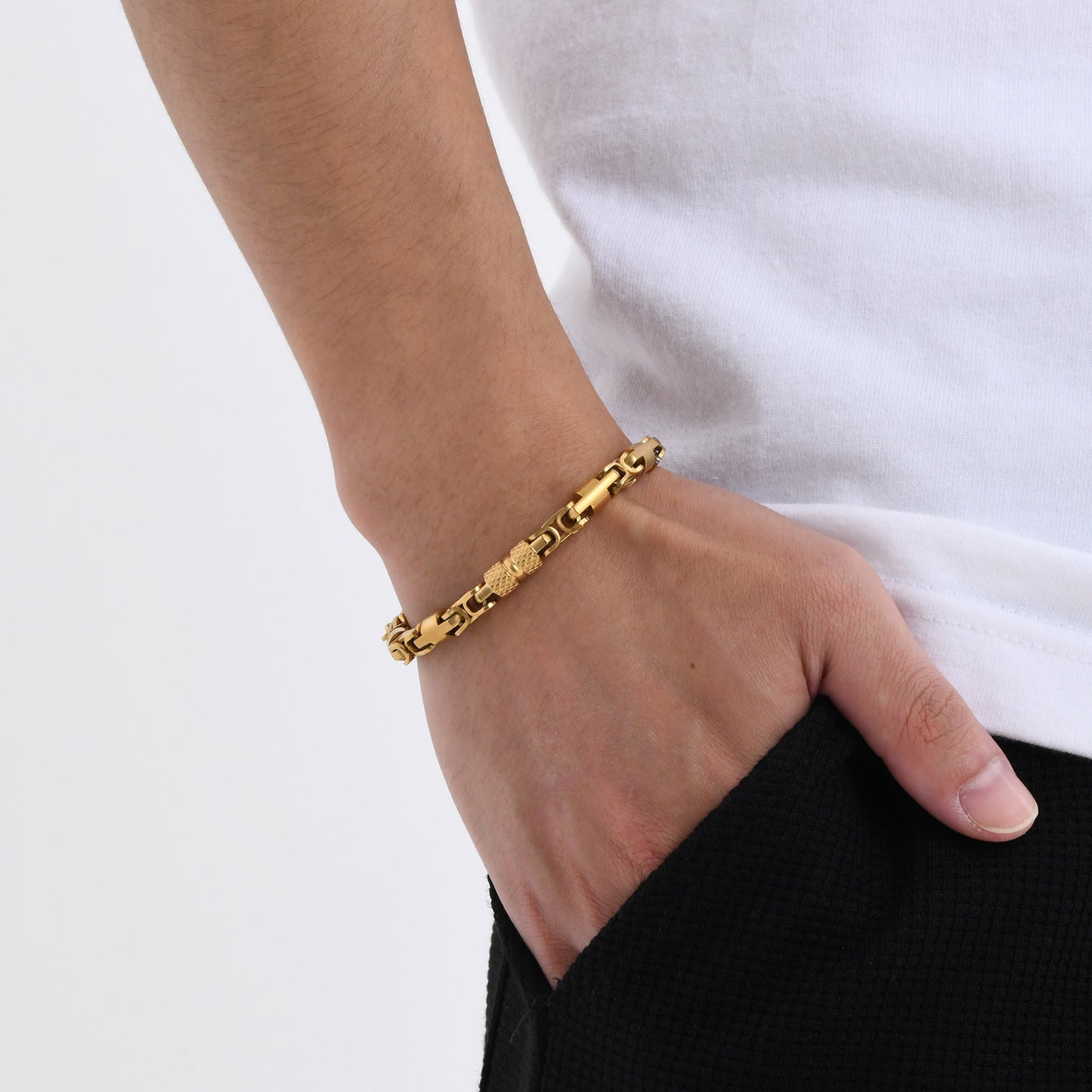 Stainless Steel Byzantine Handmade Chain Bracelet Men's Electric Black