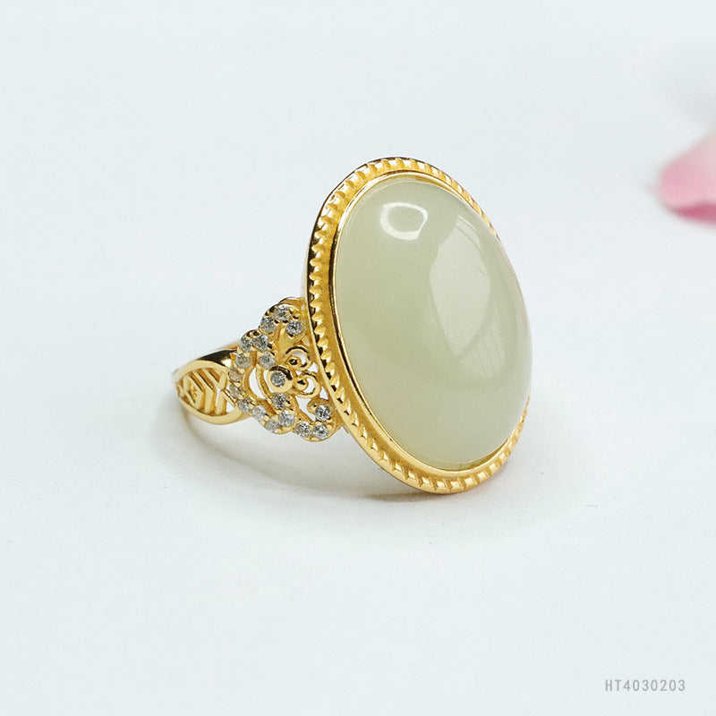 925 Sterling Silver Qingshui Hetian Jade Ruyi Ring