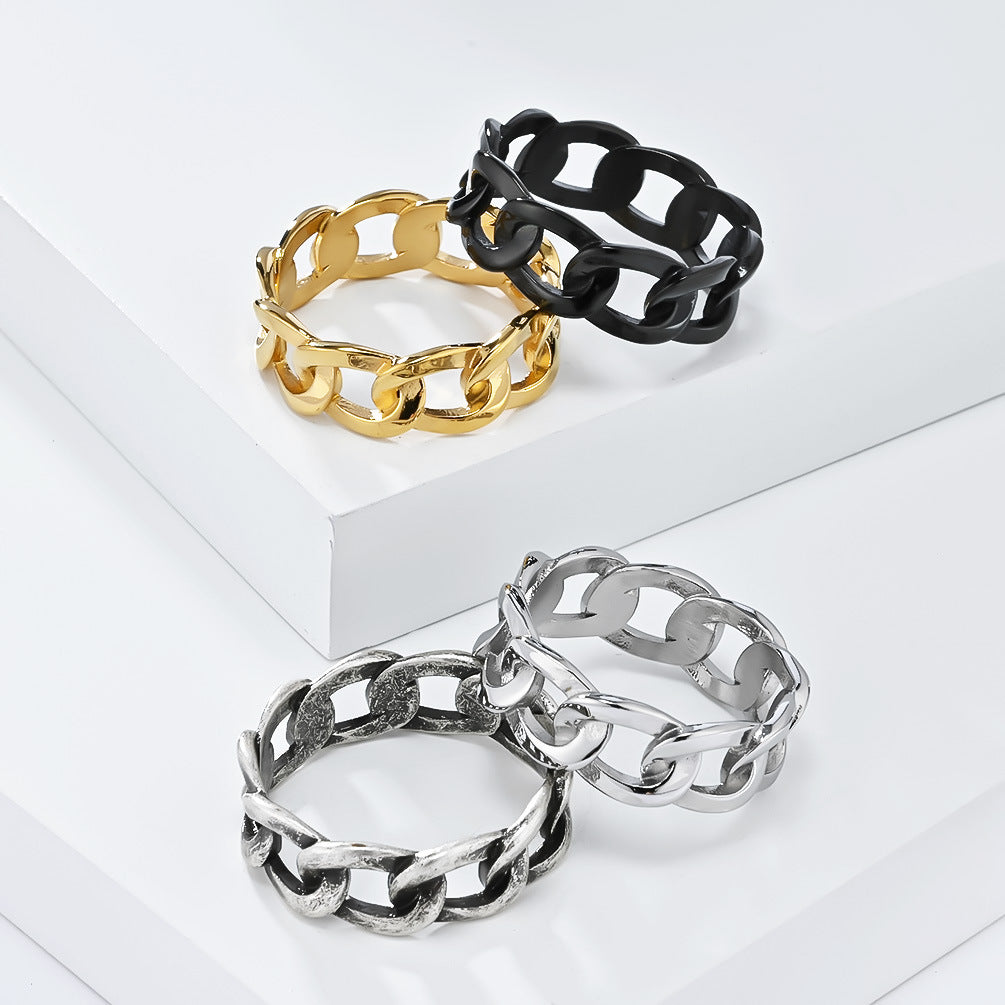 Ins Simple Hollow Cuban Chain Stainless Steel Ring for Men and Women Fashion Jewelry