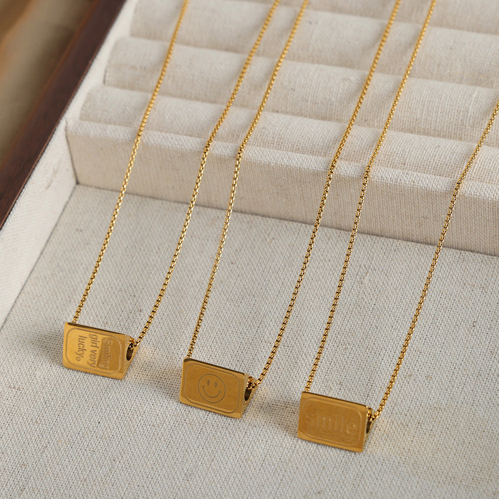 Geometric Elegance: Titanium Steel Gold-Plated Necklace with Smiley Face Ornament