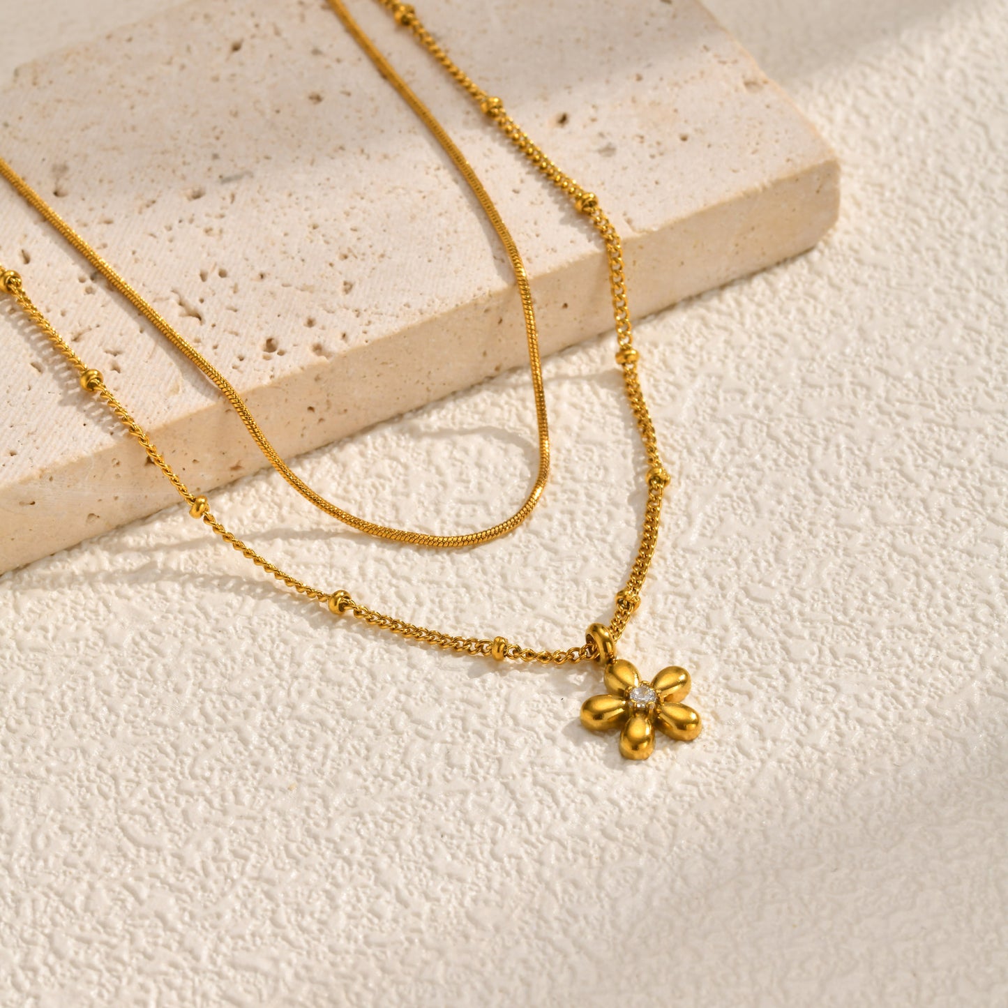Stainless Steel – French Design Bead Chain Square Snake Chain Flower Double Necklace