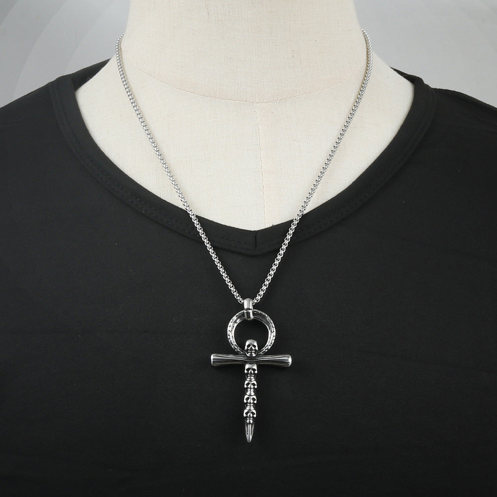 Stainless Steel Skull Pendant Necklace for Men - Trendy Retro Punk Style Cross Pendant