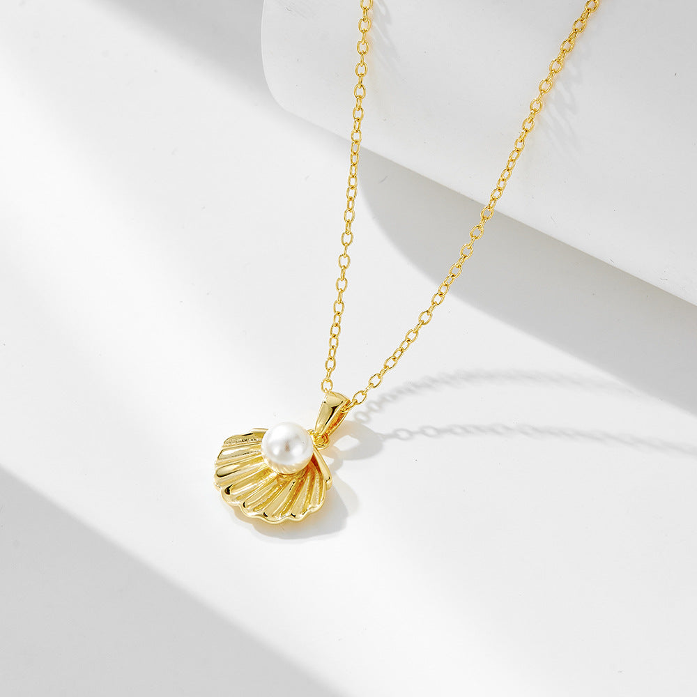 S925 Sterling Silver Plated 14K Gold Pearl Shell Necklace
